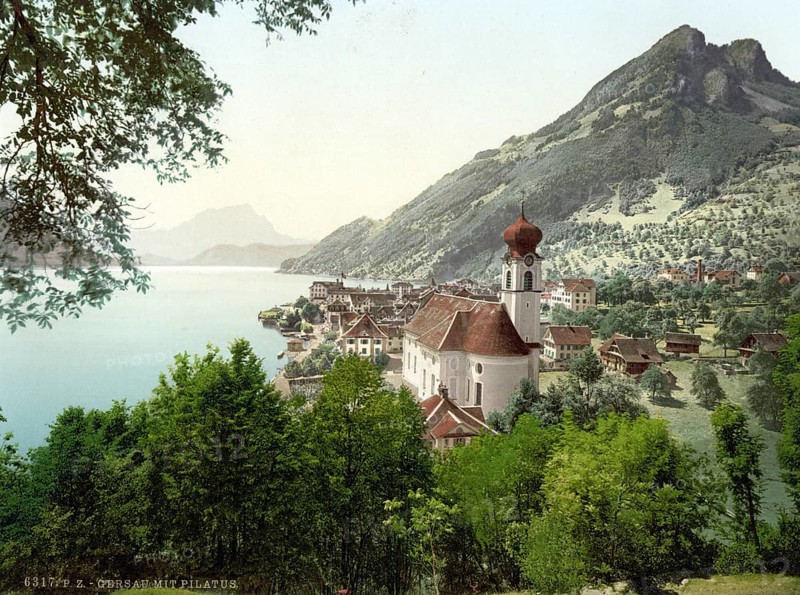 Gersau and Pilatus, Vierwaldstaettersee, Switzerland, Historical, digitally restored reproduction from a 19th century original, Record date not stated, Europe