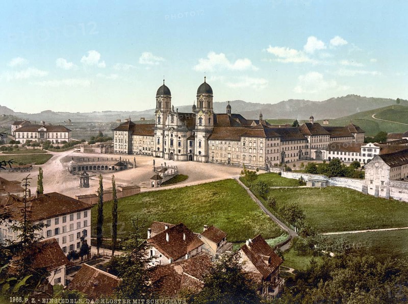 Einsiedeln, schoolhouse and monastery, Vierwaldstaettersee, Switzerland, Historic, digitally restored reproduction from a 19th century original, Record date not stated, Europe