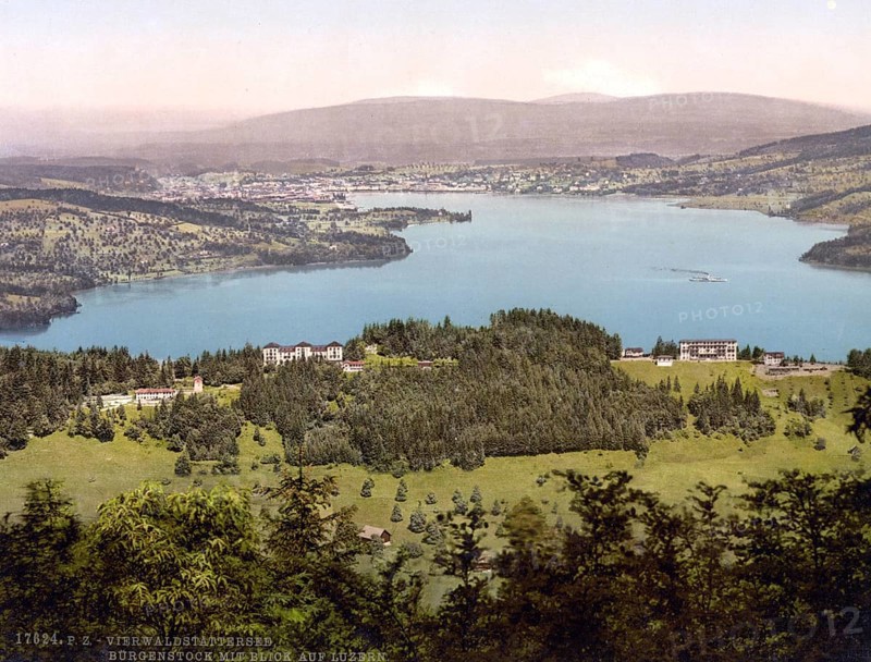 Burgenstock, View of Lucerne, Lake Lucerne, Switzerland, Historical, digitally restored reproduction from a 19th century original, Record date not stated, Europe