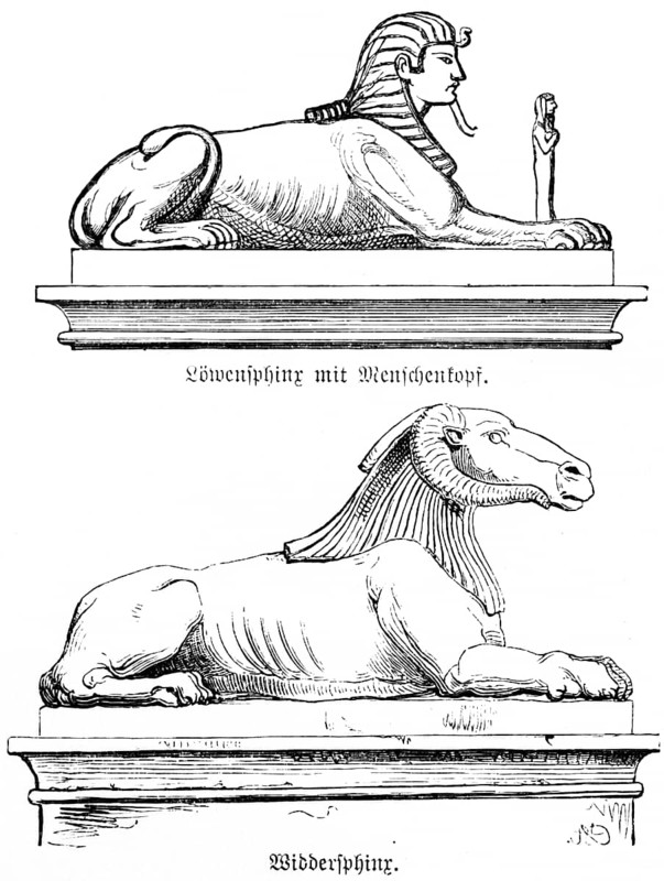 Ancient Egyptian sphinxes, lion sphinx with human head pinnacle and ram sphinx lying down, historical illustration 1880, Orient
