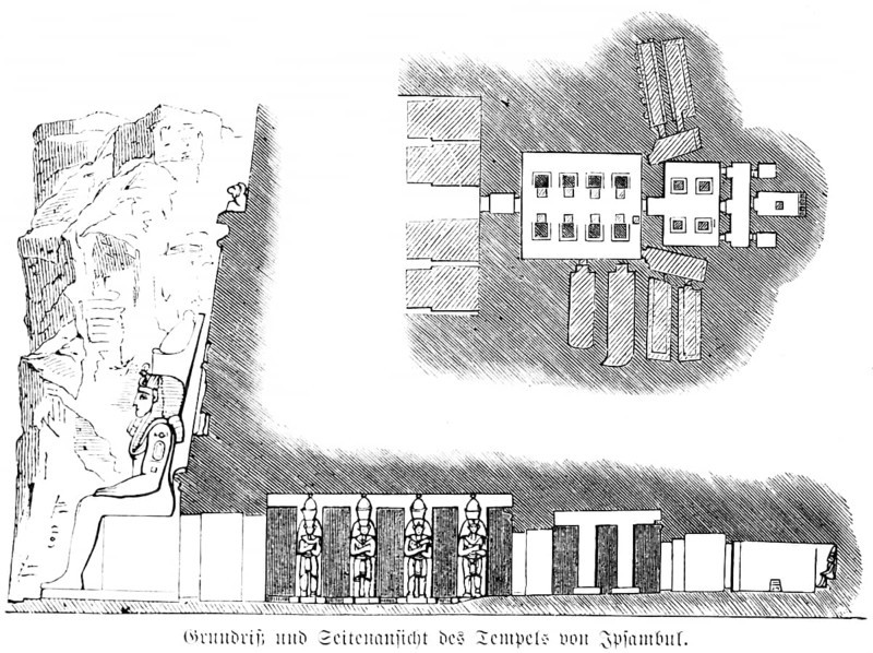 Floor plan and side view of the temple of the double temple of Iphambul or Kom Ombo on the Nile, statue of the gods, Egypt, historical illustration 1880, Orient, Africa
