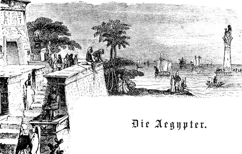 Egyptians on the Nile, river navigation, dhow, lighthouse, palm trees, people, temple, Egypt, historical illustration 1880, Orient, Africa
