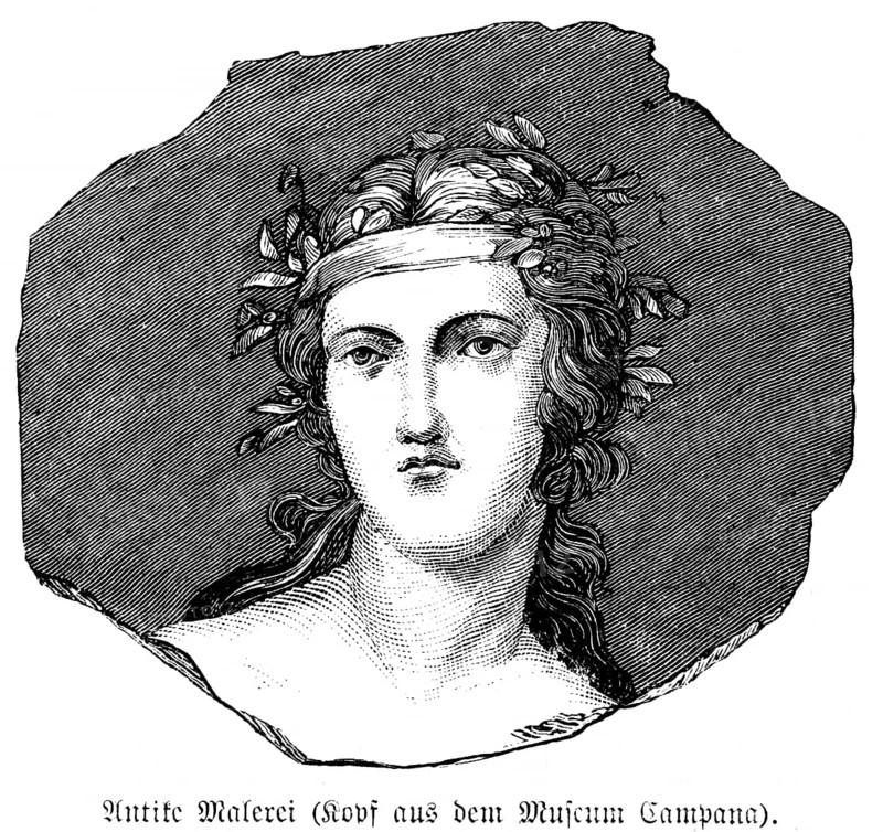 Portrait of a woman, face, curls, headband, dreaming look, antique painting, head from the Campano Museum, historical illustration 1880, Orient
