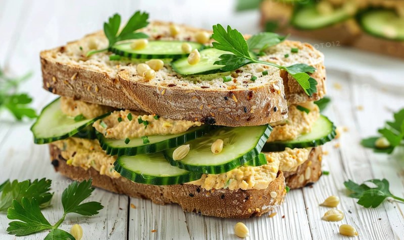 Cucumber and hummus sandwiches on whole grain bread on a light wooden background AI generated