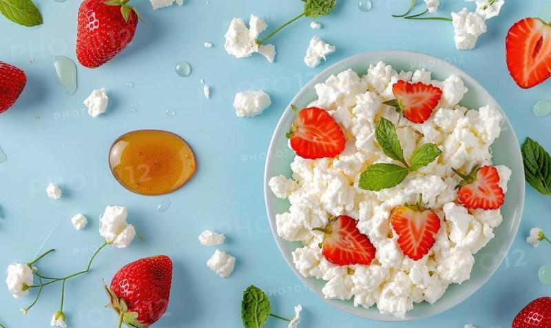 Cottage cheese with sliced strawberries and honey on a light blue background AI generated