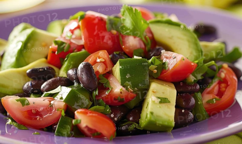 Avocado and black bean salad on a pastel purple plate AI generated