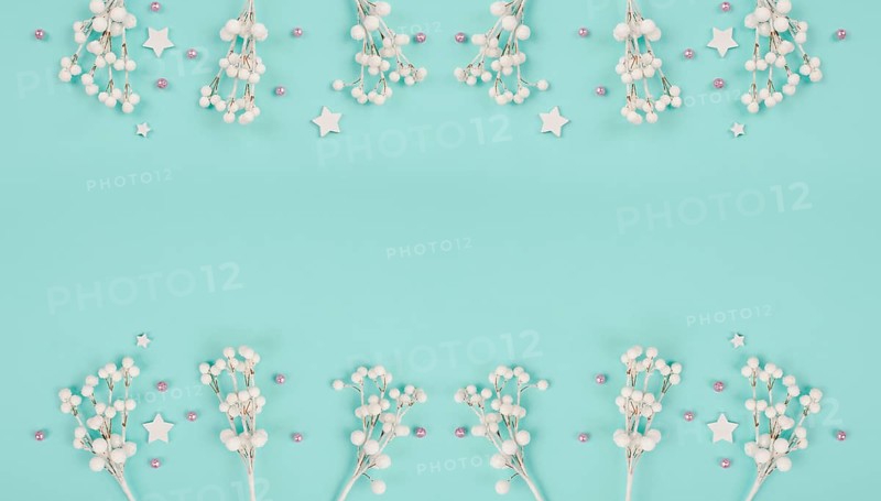 Snow covered berries, rose colored baubles, christmas holiday and new year background, wintertime greeting card
