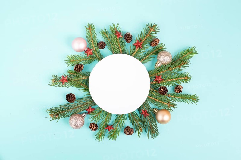 Christmas holiday background, frame with fir branches, baubles, candy cane and cones, winter season greeting card