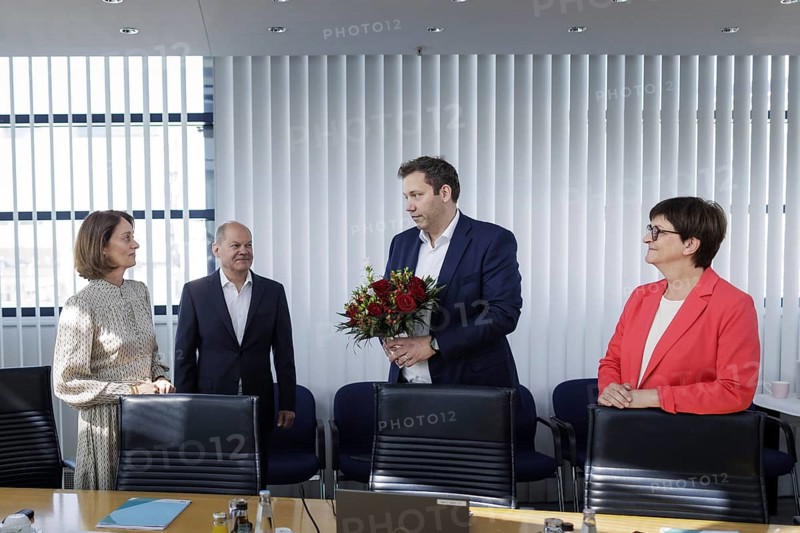 Katarina Barley, SPD lead candidate for the 2024 European elections, Olaf Scholz (SPD), Federal Chancellor, Lars Klingbeil, SPD Party Chairman, and Saskia Esken, Federal Chairwoman of the SPD, pictured during the SPD Presidium meeting after the European elections at the Willy Brandt House in Berlin, 10 June 2024