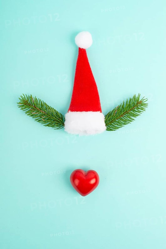 Face of a reindeer with a red heart nose, fir antlers and a santa claus hat, merry christmas greeting card