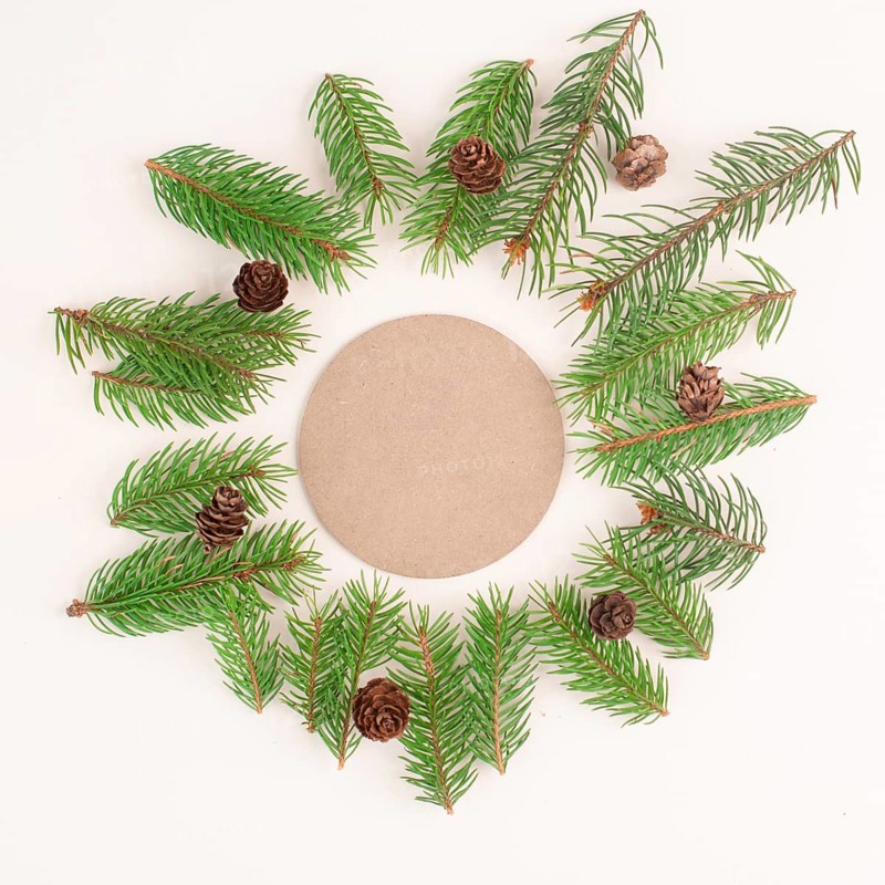 Christmas holiday background, frame with fir branches and cones, winter season greeting card with copy space
