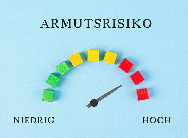 The words risk for poverty are standing in german language over the loading bar, high and low stands below, the pointer indicates to the red area, inflation and recession concept