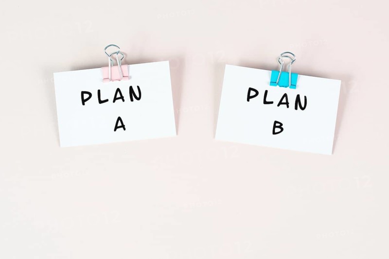 Plan A and B standing on paper, brainstorming for possibilities, making a decision