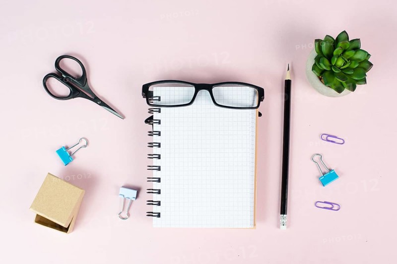 Empty notebook with a pen, eyeglasses and a cactus on a pastel colored desk, brainstorming for new ideas, writing a message, home office workplace