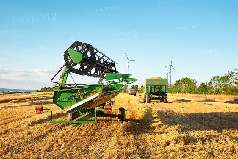 Harvester in a field of cultivated barley in Germany, harvest in the summer, agriculture for food, farmland on the countryside