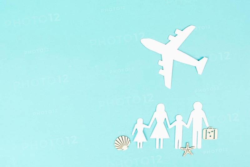 Family is going on vacation with an airplane, taking a flight for a summer holiday, greeting card, paper cut out