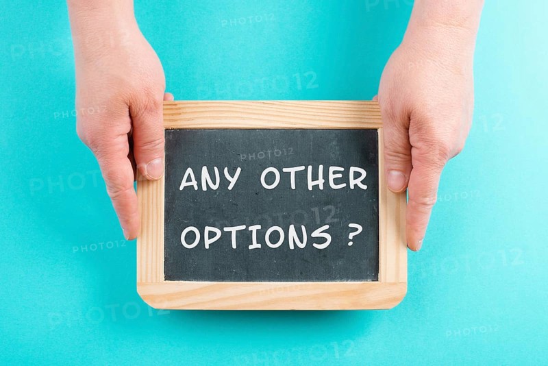 The phrase any other options is standing on a chalkboard, education, business and coaching concept, finding a solution, taking an opportunity
