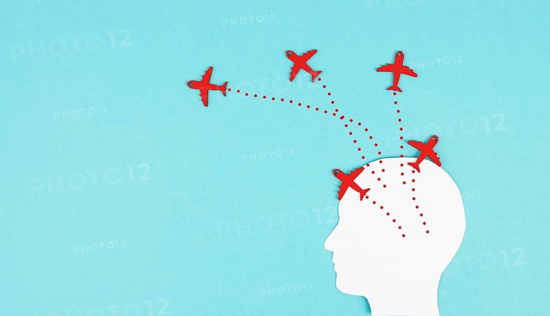 Silhouette of a head with red airplanes flying in different directions, having a vision for the future, idea for a new business, thinking outside the box, being open minded