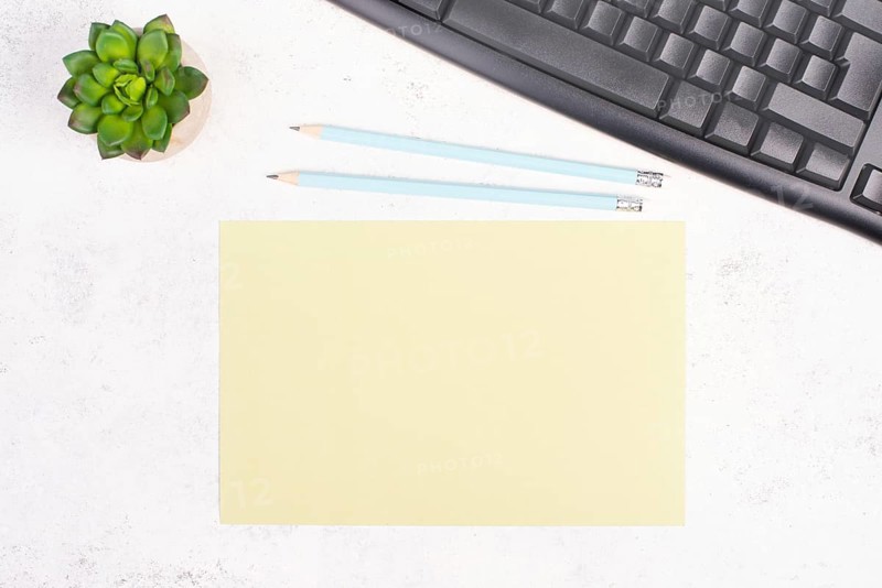 Empty paper with a pen, computer keyboard and a cactus, textured background, brainstorming for new ideas, writing a message, taking a break, home office desk