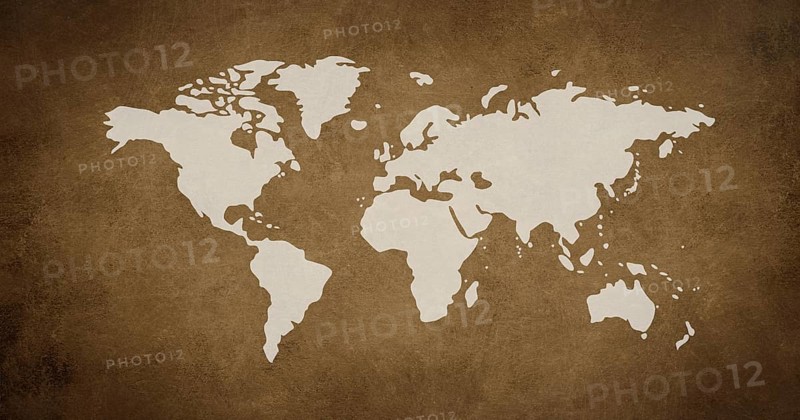 World map on a brown textured background, travel and tourism concept, geography of countries, vintage style, wallpaper continents