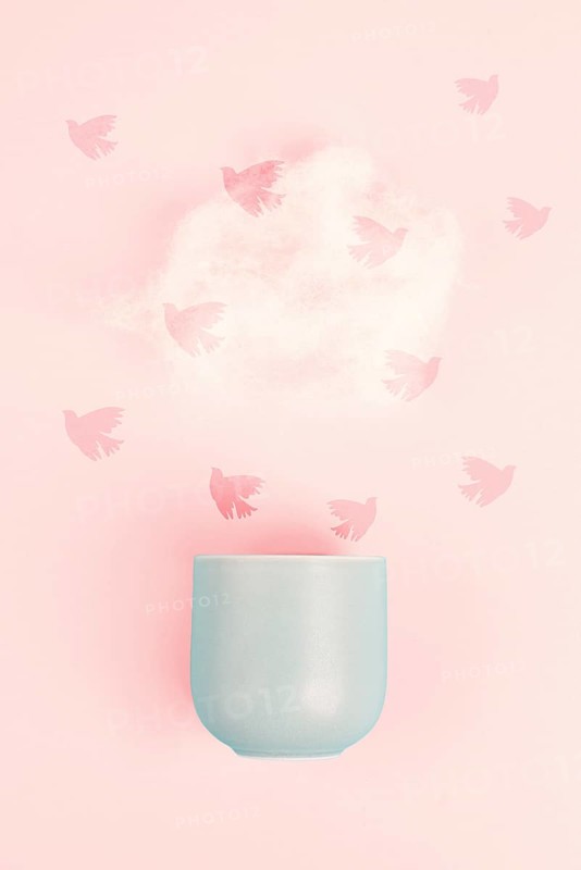 Cup of coffee with a steam cloud, birds flying to the sky, pastel colors, brainstorming for ideas, mindset of freedom, creative business idea, optimistic future, taking a break