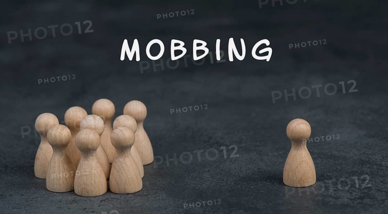 Group of people mobbing a victim, social conflict, bullying one, discrimination and exclusion