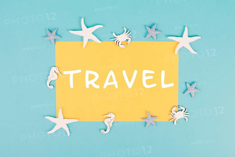 The word travel is standing on a yellow colored paper, sea stars, seahorses and crab bulding a frame, summer vacation, tourism destination