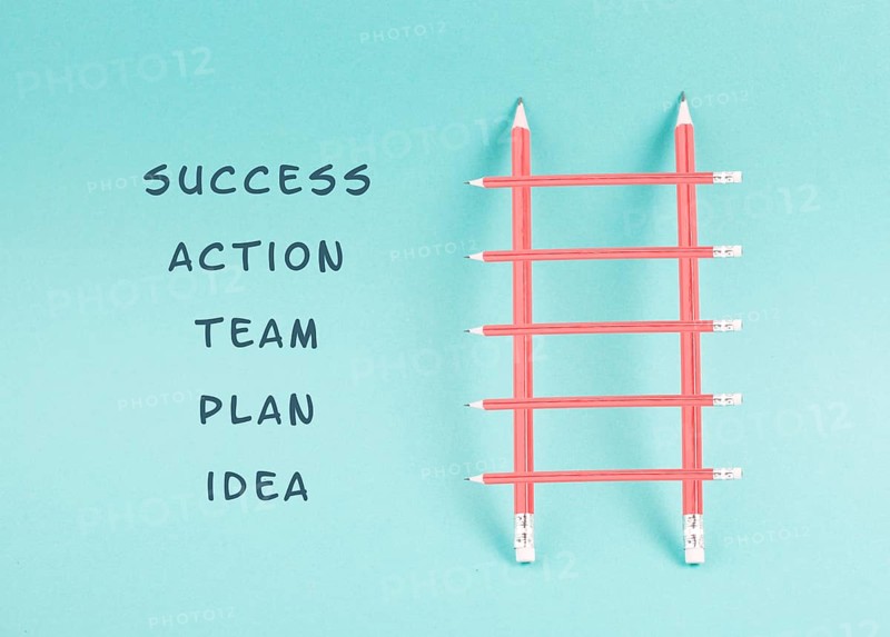Ladder of success, having an idea, planning a strategy, teamwork for success step by step concept, progress in business and education, have a goal