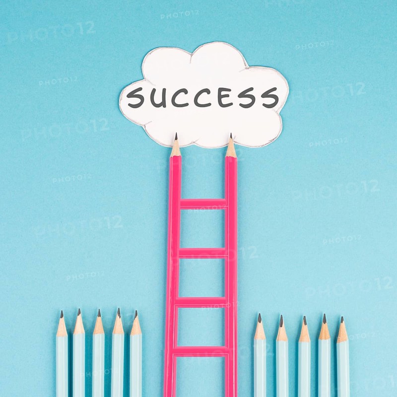 Ladder of success build with pencils, opportunity strategy, blue background, copy space for text, step by step concept, progress in business and education, have a goal