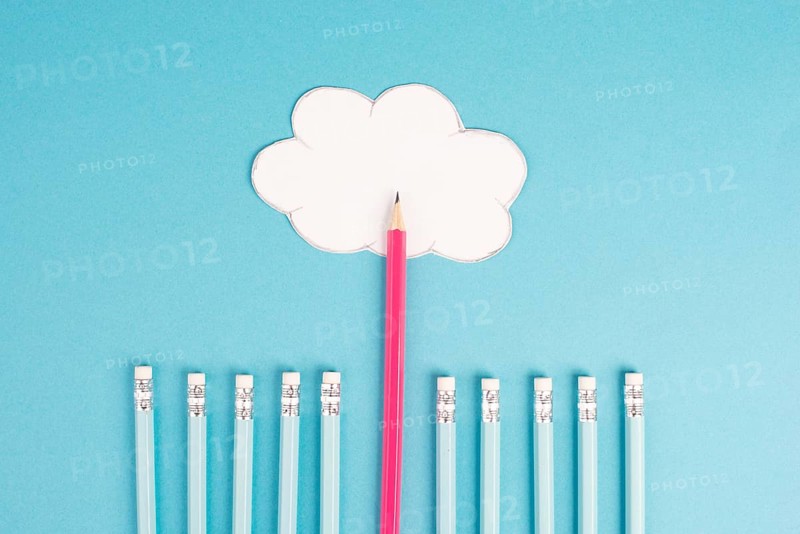 Pencil is pointing to the cloud, opportunity strategy, progress in business and education, have a goal, leadership and management, blue background, copy space for text