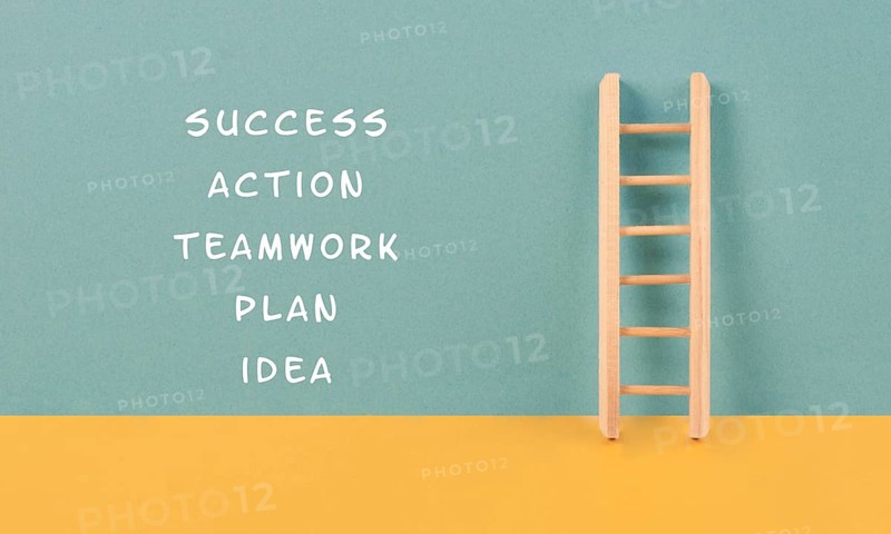 Ladder of success, having an idea, planning a strategy, teamwork for success step by step concept, progress in business and education, have a goal