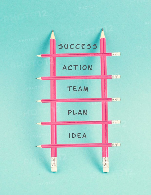 Ladder of success, having an idea, planning a strategy, teamwork for success step by step concept, progress in business and education, have a goal