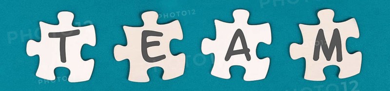 The word team is standing on puzzle pieces, connect the parts together, corporate in teamwork, communication and support concept
