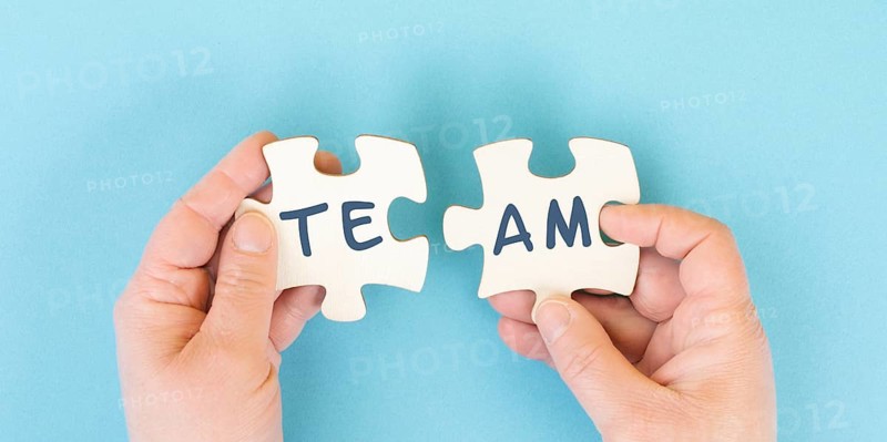The word team is standing on puzzle pieces, connect the parts together, corporate in teamwork, communication and support concept