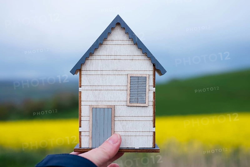 Wooden house in a meadow, buying or renting a house in nature, real estate concept, booking home for vacation, copy space for text