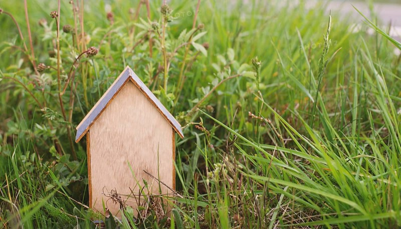Wooden house in a meadow, buying or renting a house in nature, real estate concept, booking home for vacation, copy space for text