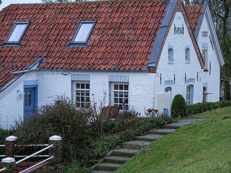 A white farmhouse with a red tiled roof and a staircase surrounded by grass and shrubs in a rural setting, greetsiel, east frisia, germany