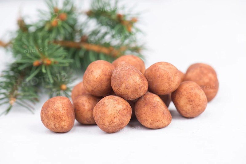 Marzipan potatoes, in german called Marzipankartoffeln, with cacao powder, sweets for christmas, empty copy space