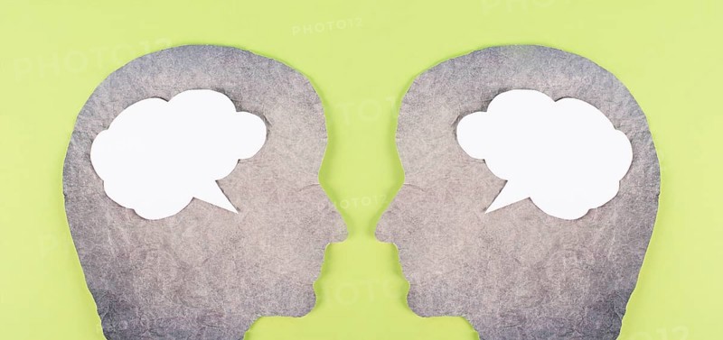 Silhouette of two faces, speech bubble in white color, copy space for text, communication, having an opinion and discussion, free speech, people talking, green background