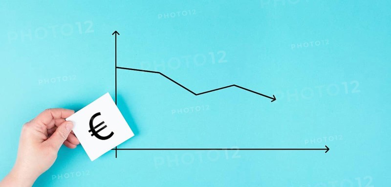 Inflation of the Euro currency, increase of prices and living costs, arrow shows down, financial and ecconomic issue