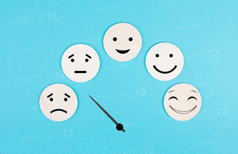 Tachometer with happy and sad faces, business and service rating, evaluation concept, marketing, mood board