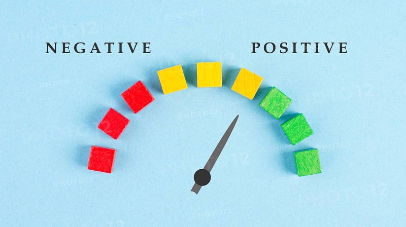Tachometer negative and positive, business and service rating, evaluation concept, marketing, mood board, arrow points to the green cubes