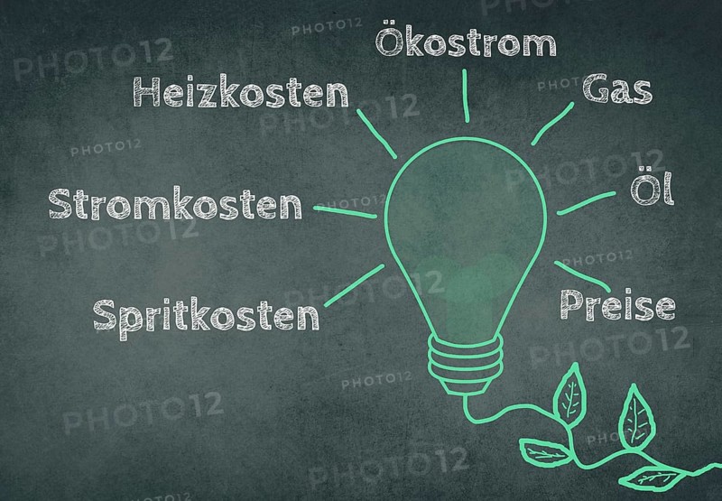 Green colored light bulb with a plant cable, words like fuel costs, electricity, oil price are standing in german language on a chalkboard, drawing