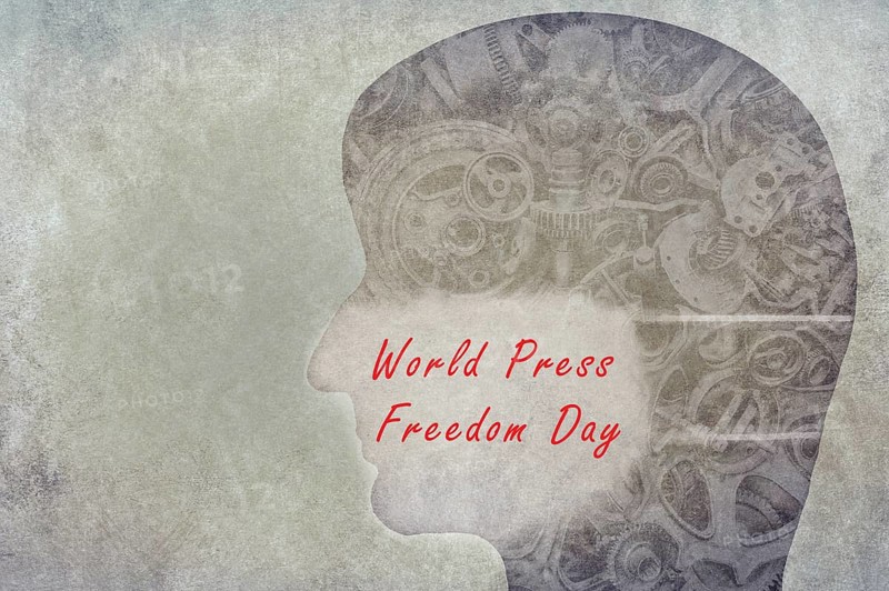 World Press Freedom Day is standing on a mask, journalist with covered mouth, free speech, cancel culture