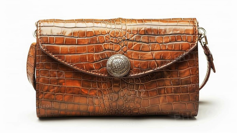 Brown leather clutch with a crocodile pattern and a vintage clasp, isolated on white background, AI generated