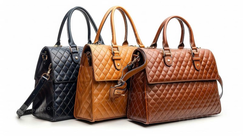 Three fashionable quilted leather handbags in black, tan, and brown, each with handles, isolated on white background, AI generated