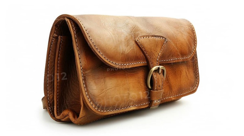 Brown leather satchel with a vintage design and front buckle closure, isolated on white background, AI generated