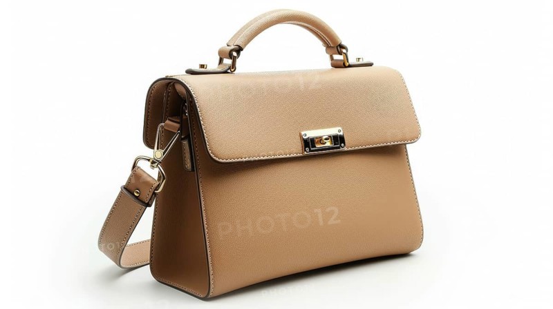Beige leather handbag with a vintage luxury feel and gold accents, isolated on white background, AI generated