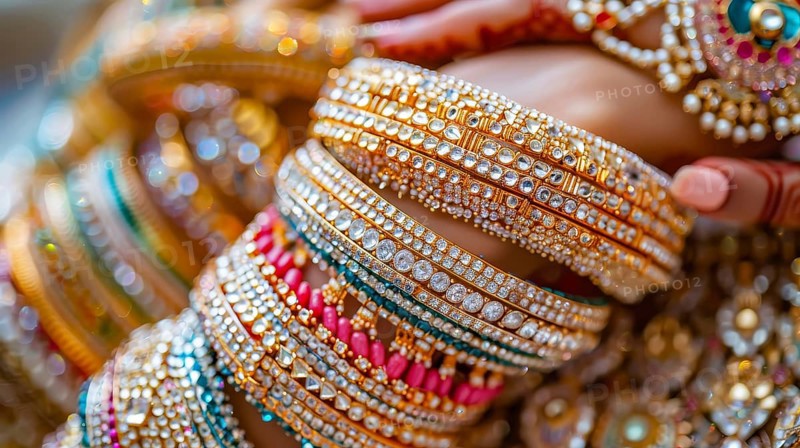 A close-up of sparkling gold bangles with intricate designs and colorful gems, radiating traditional luxury, AI generated