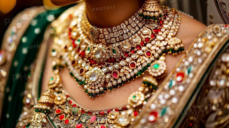 A traditional gold necklace with colorful gems and intricate design worn over a green saree, exuding luxury, AI generated